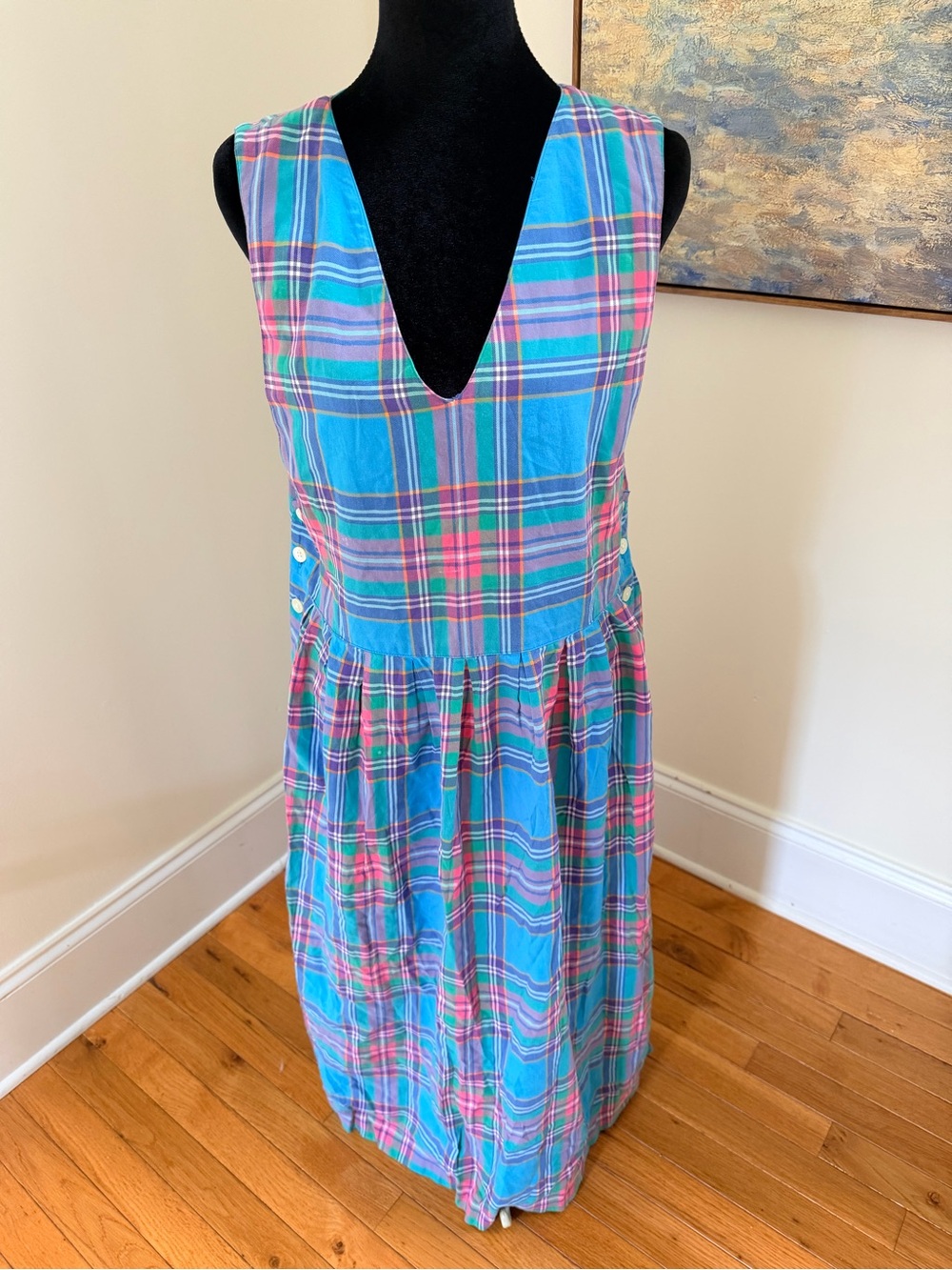 Charter Club Womens medium Plaid V-Neck Sleeveless prairie Dress cottagecore